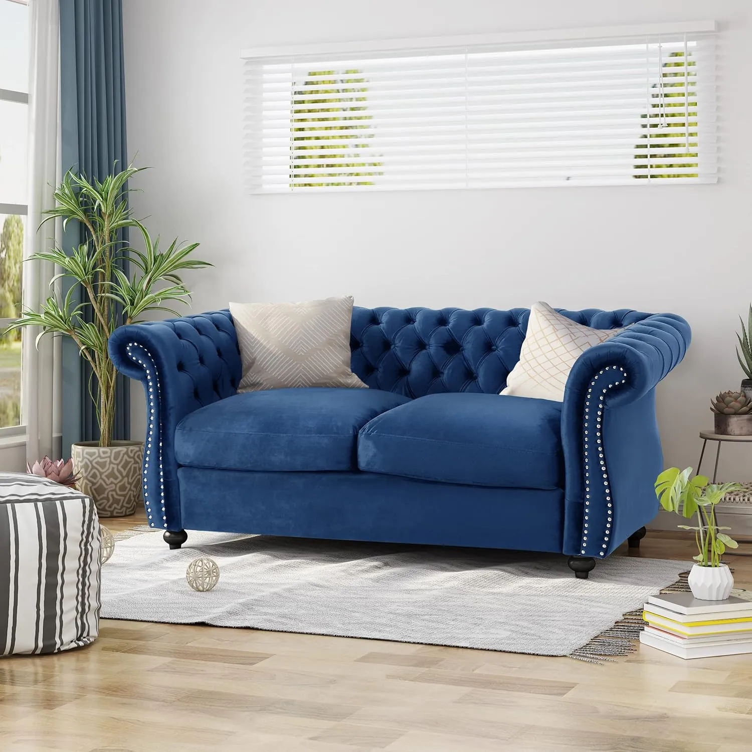 Stylish Navy Blue Velvet Chesterfield Loveseat - Deep Button Tufted, Rolled Arms - Perfect for Living Room Decor