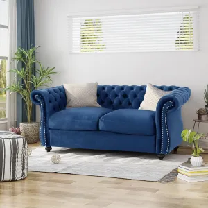 Stylish Navy Blue Velvet Chesterfield Loveseat - Deep Button Tufted, Rolled Arms - Perfect for Living Room Decor