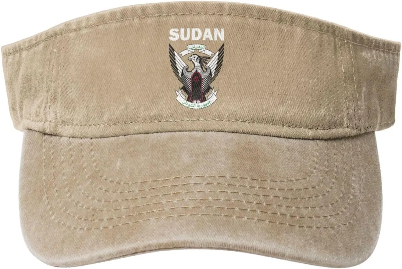 Sudan Coat of Arms Flag Washed Denim Visor Hat for Men & Women, Adjustable Sun Cap with UV Protection