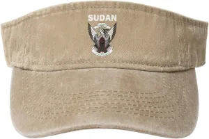 Sudan Coat of Arms Flag Washed Denim Visor Hat for Men & Women, Adjustable Sun Cap with UV Protection