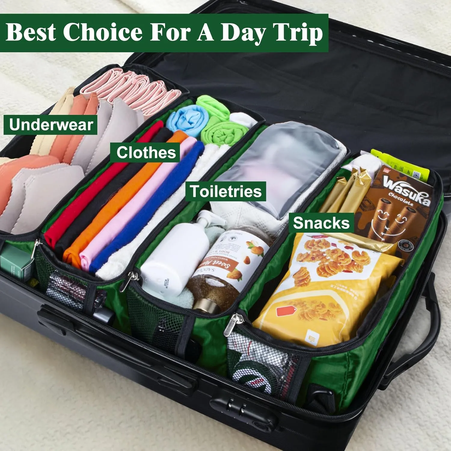 Suitcase Organizer, Carry on Closet Luggage Organizers Accessories for Travel, Foldable and Hangable Portable Hanging Travel Shelves with a Shoulder Strap to Use As a Travel Backpack Large, Green
