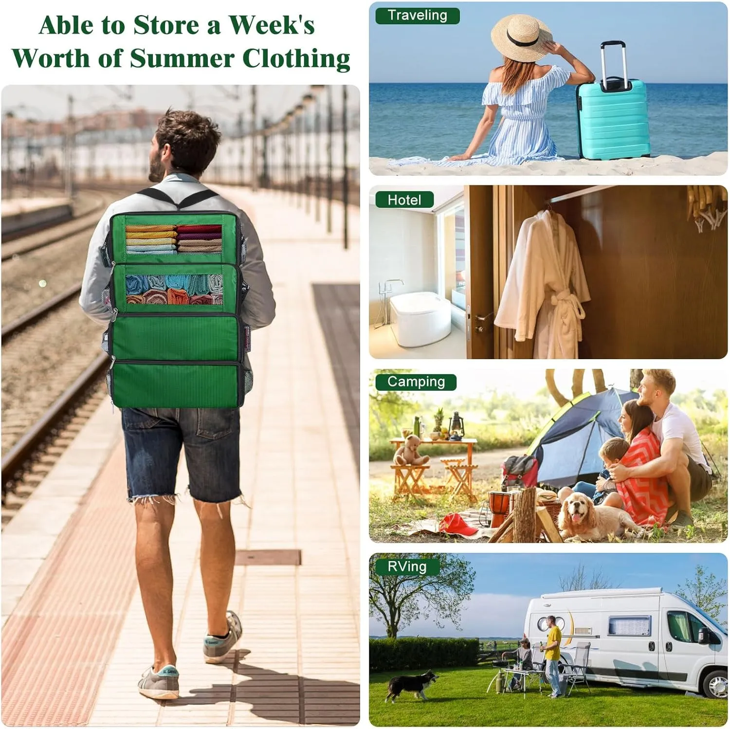 Suitcase Organizer, Carry on Closet Luggage Organizers Accessories for Travel, Foldable and Hangable Portable Hanging Travel Shelves with a Shoulder Strap to Use As a Travel Backpack Large, Green