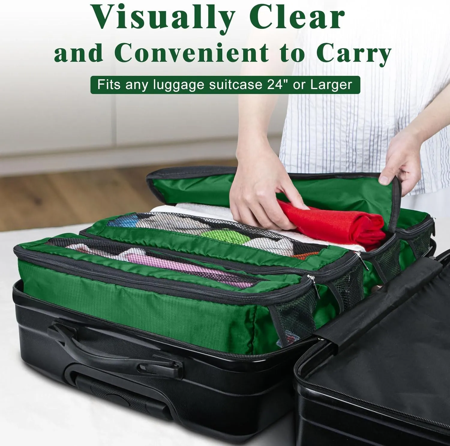 Suitcase Organizer, Carry on Closet Luggage Organizers Accessories for Travel, Foldable and Hangable Portable Hanging Travel Shelves with a Shoulder Strap to Use As a Travel Backpack Large, Green