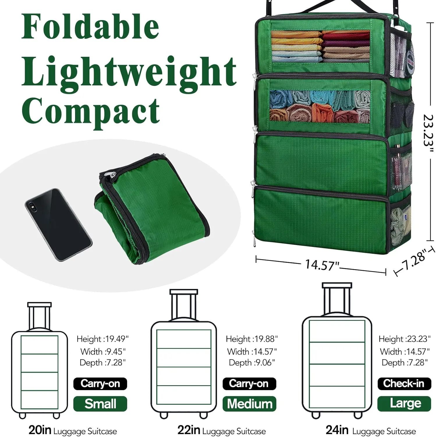 Suitcase Organizer, Carry on Closet Luggage Organizers Accessories for Travel, Foldable and Hangable Portable Hanging Travel Shelves with a Shoulder Strap to Use As a Travel Backpack Large, Green