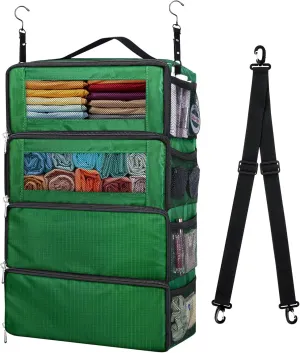 Suitcase Organizer, Carry on Closet Luggage Organizers Accessories for Travel, Foldable and Hangable Portable Hanging Travel Shelves with a Shoulder Strap to Use As a Travel Backpack Large, Green