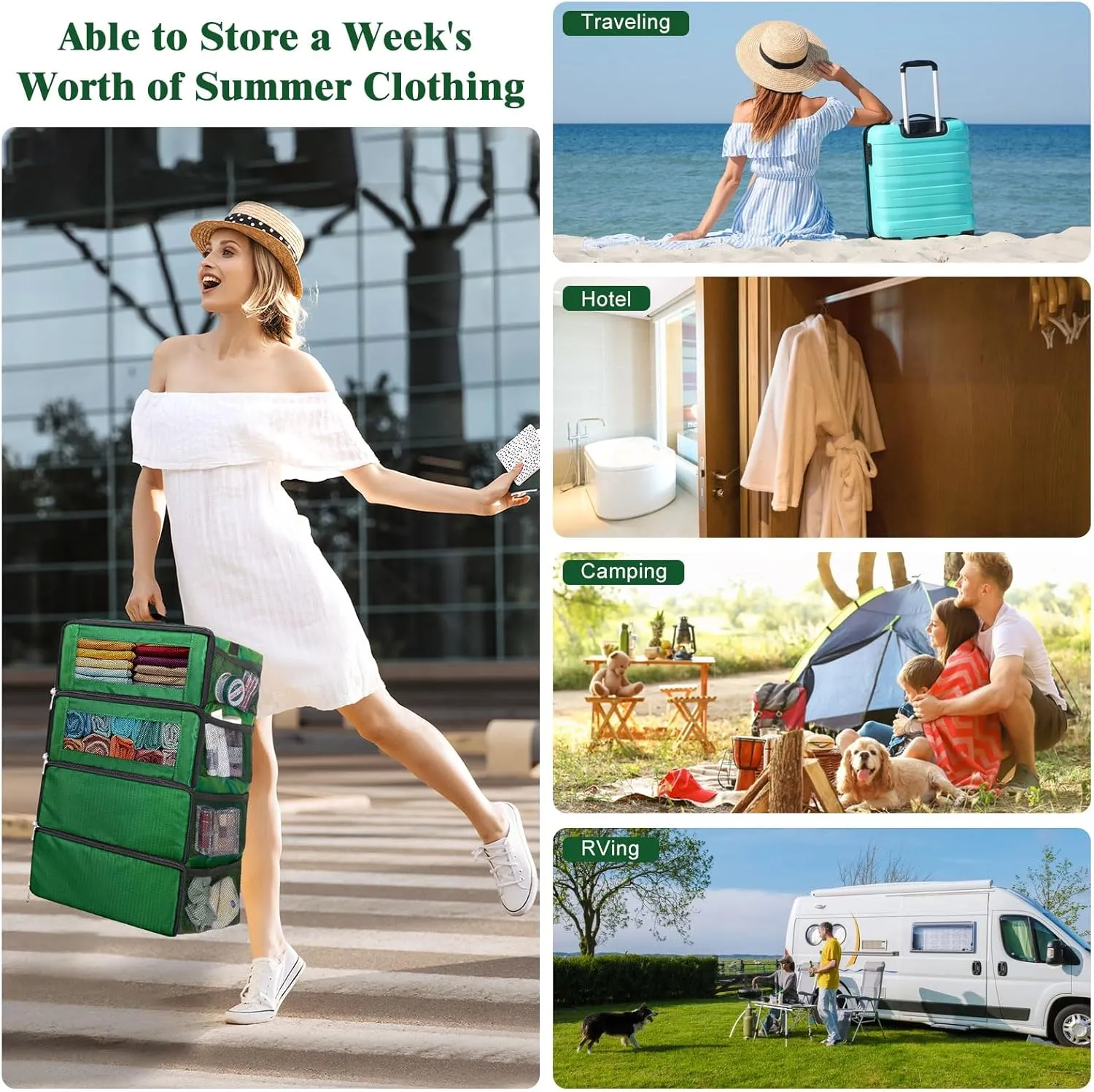 Suitcase Organizer, Carry on Closet Luggage Organizers Accessories for Travel, Foldable and Hangable Portable Hanging Travel Shelves with a Shoulder Strap to Use As a Travel Backpack Large, Green