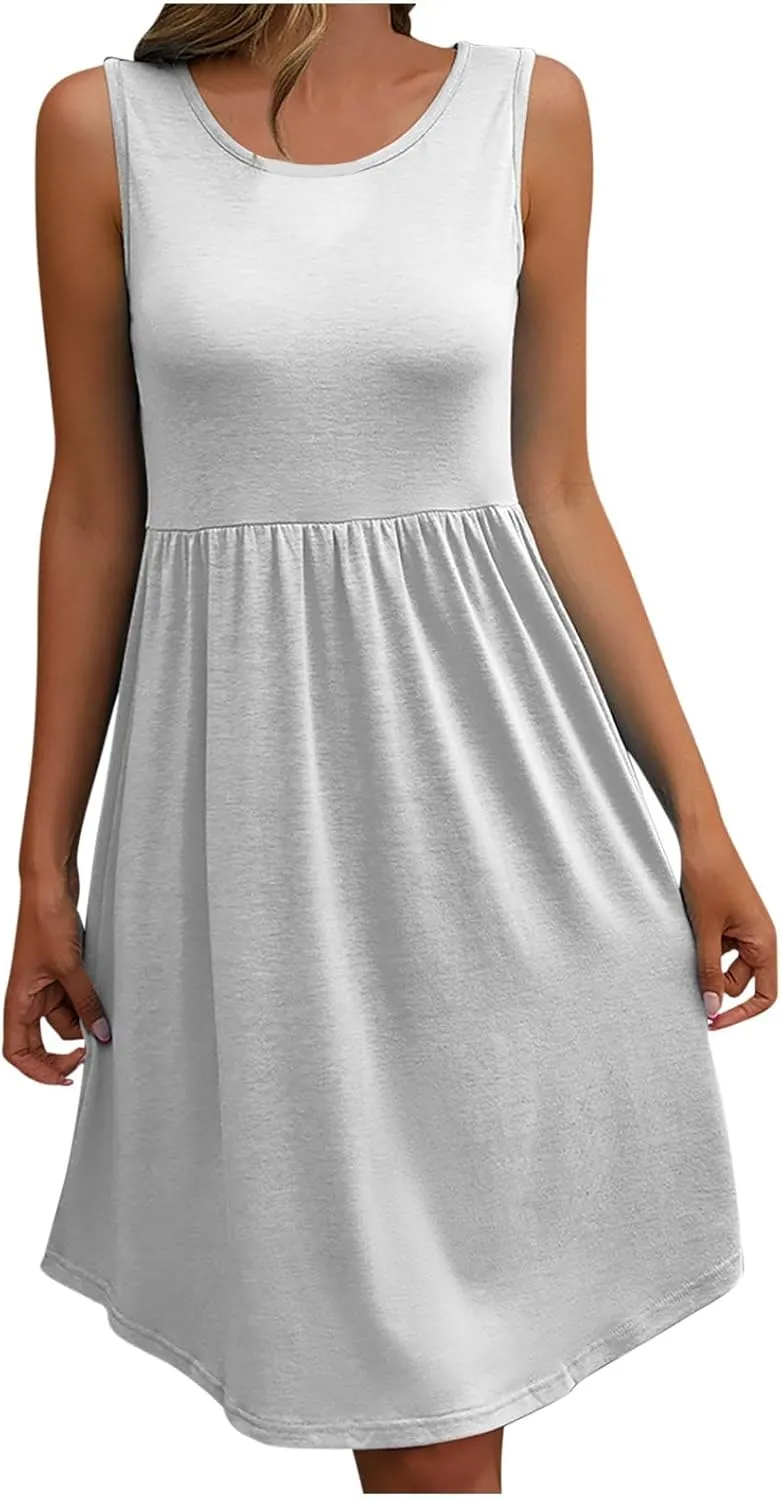 Summer Dress for Women Fashion Round Neck Loose Hem Sleeveless Casual Plus Size Comfy Dresses Working Vacation
