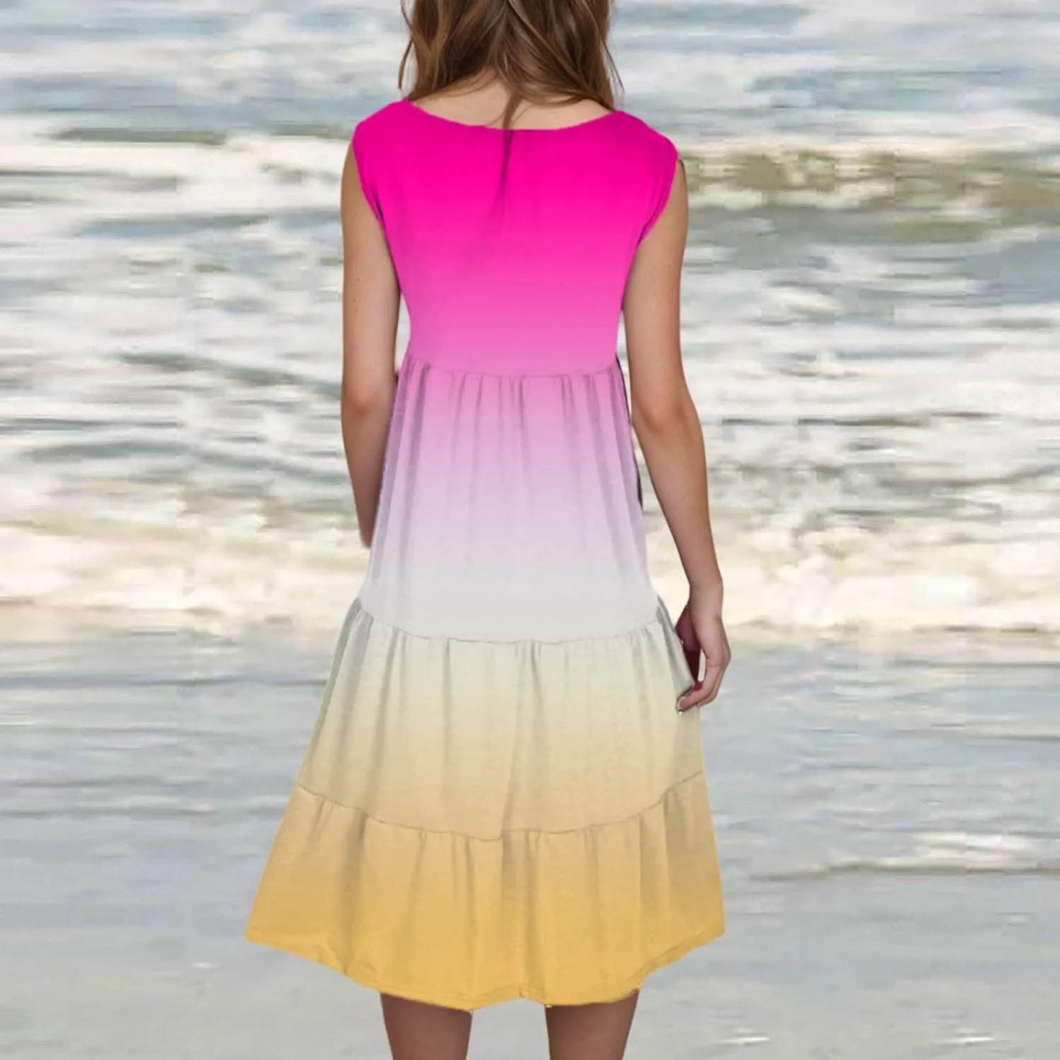 Summer Fashion Dress for Women Comfy Gradient Color Elegant Skirts Pleated Sleeveless Round Neck Dresses Daily