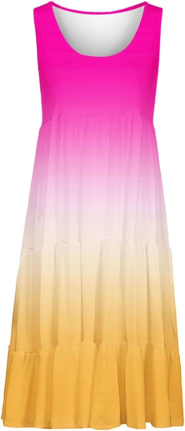 Summer Fashion Dress for Women Comfy Gradient Color Elegant Skirts Pleated Sleeveless Round Neck Dresses Daily
