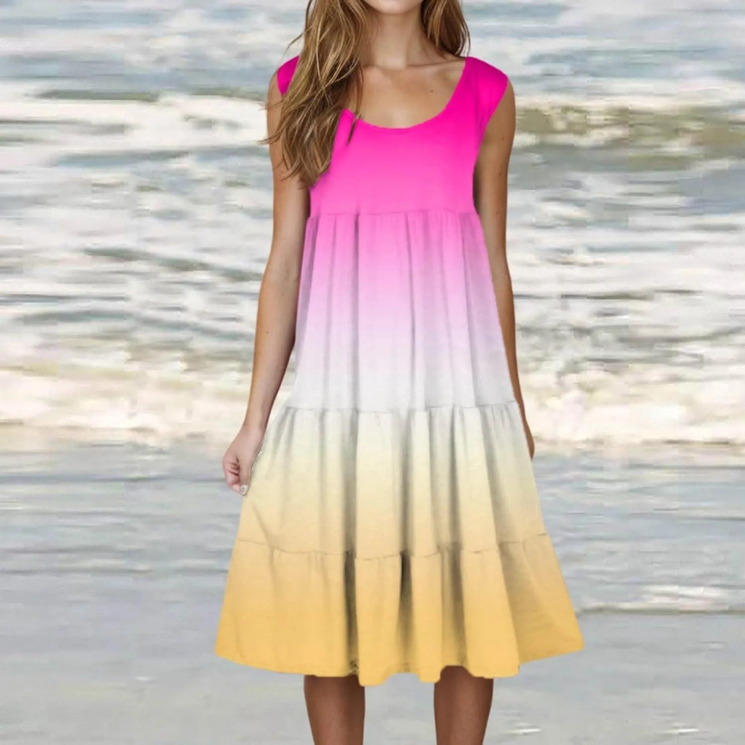Summer Fashion Dress for Women Comfy Gradient Color Elegant Skirts Pleated Sleeveless Round Neck Dresses Daily