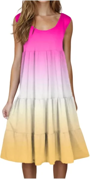 Summer Fashion Dress for Women Comfy Gradient Color Elegant Skirts Pleated Sleeveless Round Neck Dresses Daily