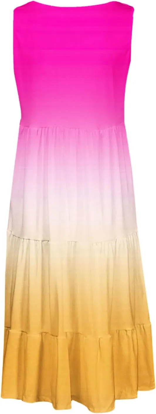 Summer Fashion Dress for Women Comfy Gradient Color Elegant Skirts Pleated Sleeveless Round Neck Dresses Daily