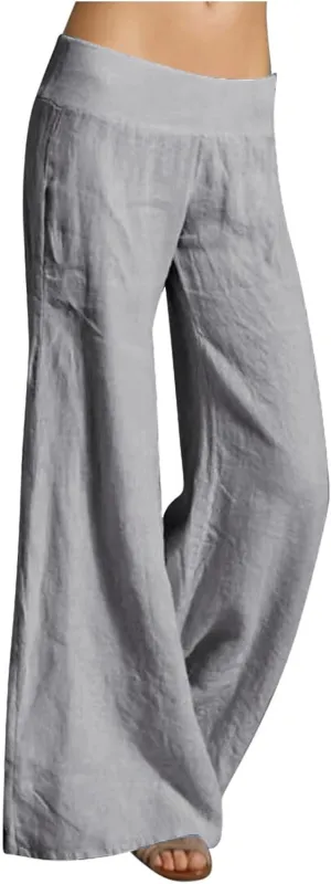 Summer Linen Pants for Women High Waisted Wide Leg Trousers Palazzo Flowy Pants Casual Loose Lounge Trousers