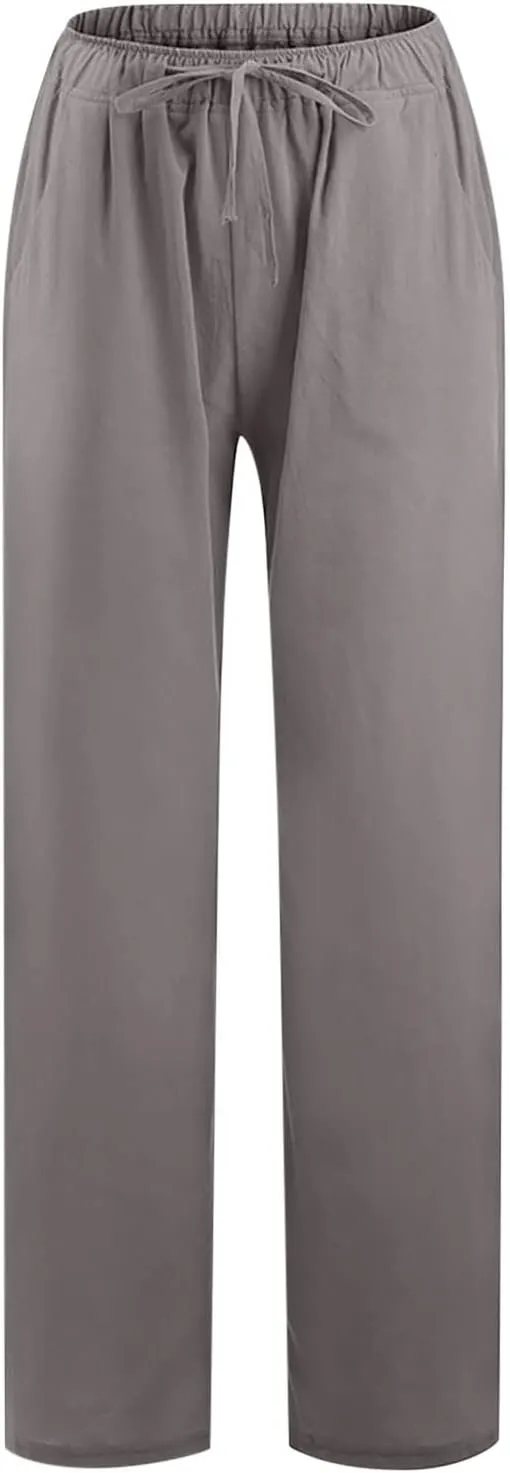 Summer Pants for Women Casual 2024 Summer Drawstring Elastic High Waist Linen Pant Straight Wide Leg Cropped Trousers
