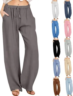 Summer Pants for Women Casual 2024 Summer Drawstring Elastic High Waist Linen Pant Straight Wide Leg Cropped Trousers