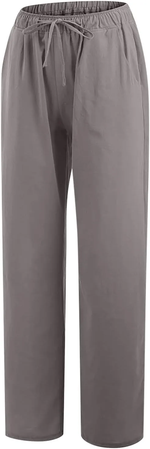 Summer Pants for Women Casual 2024 Summer Drawstring Elastic High Waist Linen Pant Straight Wide Leg Cropped Trousers