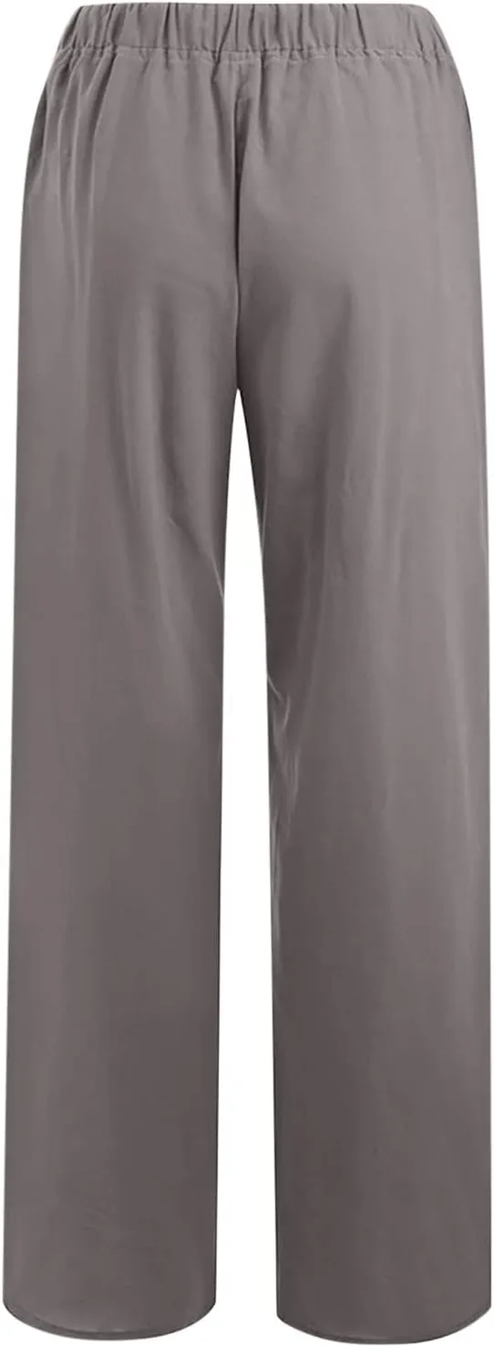 Summer Pants for Women Casual 2024 Summer Drawstring Elastic High Waist Linen Pant Straight Wide Leg Cropped Trousers