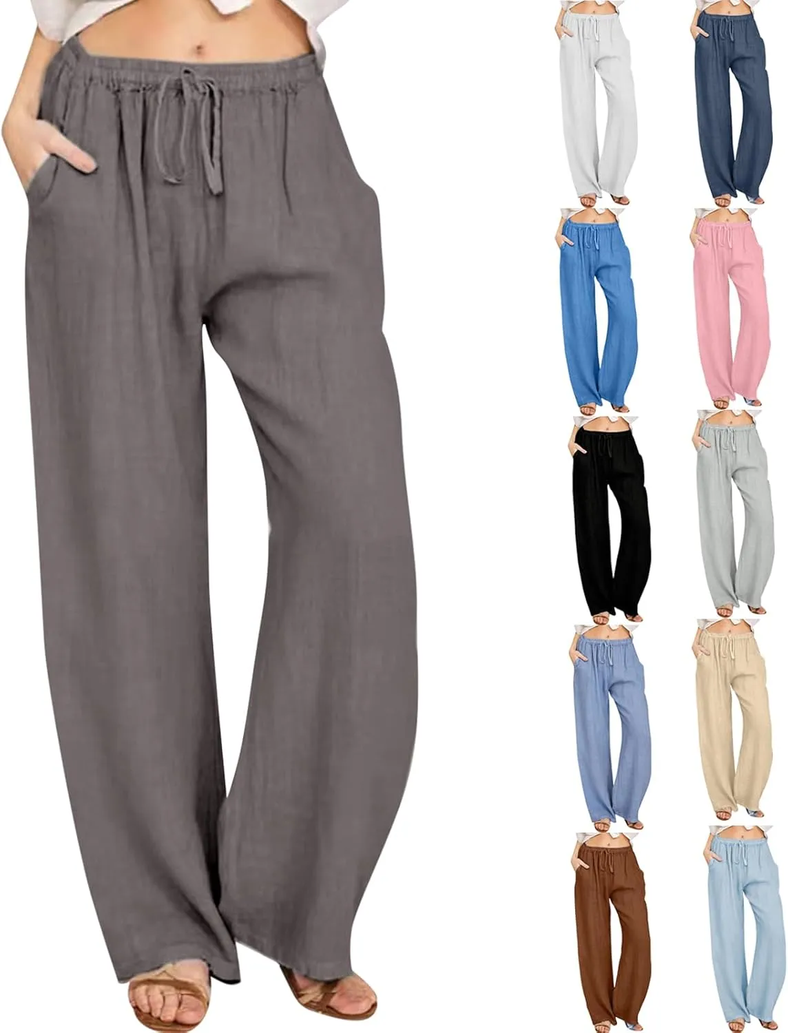 Summer Pants for Women Casual 2024 Summer Drawstring Elastic High Waist Linen Pant Straight Wide Leg Cropped Trousers