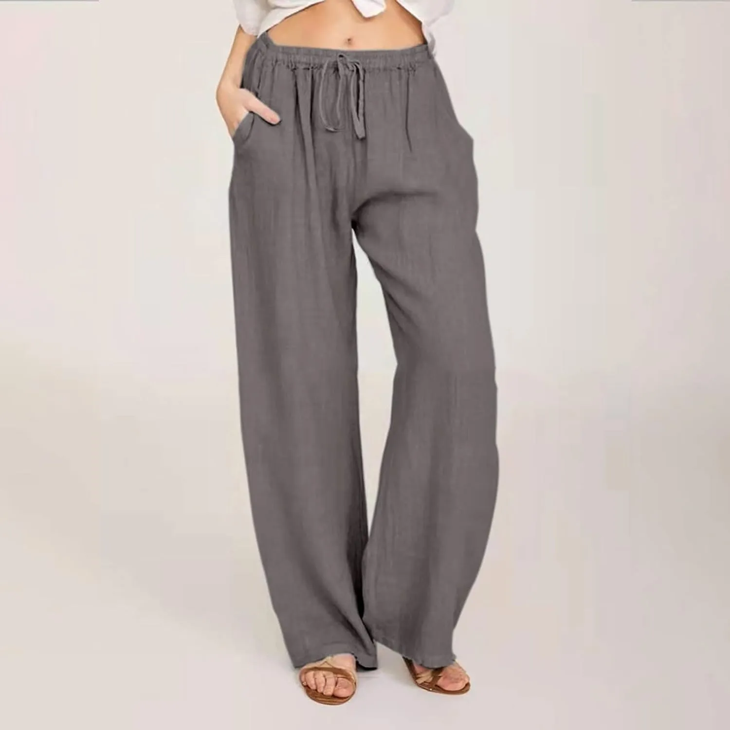 Summer Pants for Women Casual 2024 Summer Drawstring Elastic High Waist Linen Pant Straight Wide Leg Cropped Trousers