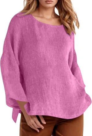 Summer Shirts for Women 2025 3/4 Length Sleeve Crew Neck Blouse Cotton Linen Shirts Casual Solid Color Basic Tops