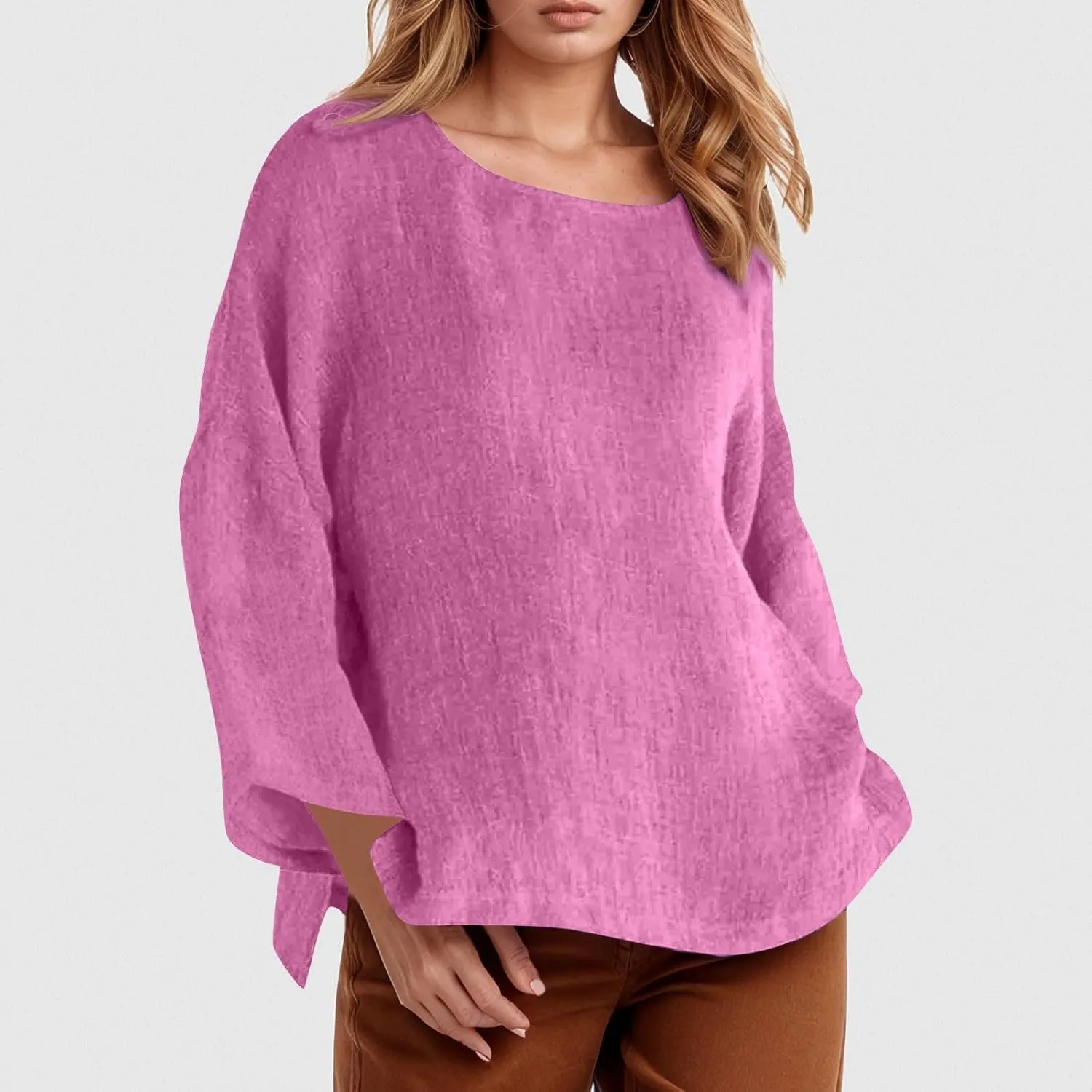 Summer Shirts for Women 2025 3/4 Length Sleeve Crew Neck Blouse Cotton Linen Shirts Casual Solid Color Basic Tops