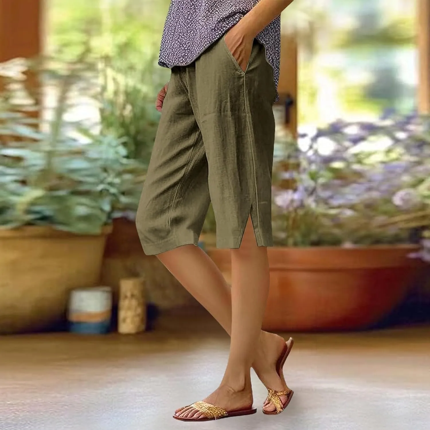 Summer Women Linen Shorts 2025 | Knee Length Drawstring Short Pants with Split Side Bottomline Beach Comfy Shorts