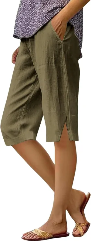 Summer Women Linen Shorts 2025 | Knee Length Drawstring Short Pants with Split Side Bottomline Beach Comfy Shorts