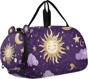 Sun Moon Stars Purple Boho Gold Sports Duffle Bag for Teens Girls Boys, Gym Bag with Shoe Compartment, Kids Travel Overnight Weekender Shoulder Bag