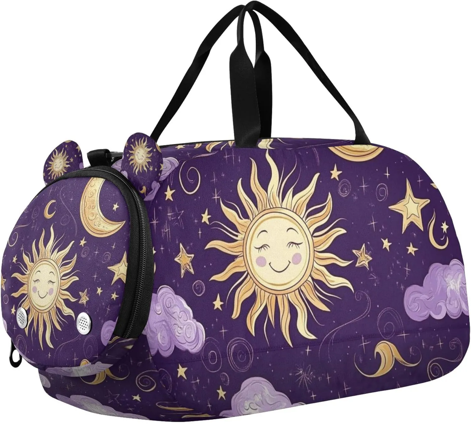 Sun Moon Stars Purple Boho Gold Sports Duffle Bag for Teens Girls Boys, Gym Bag with Shoe Compartment, Kids Travel Overnight Weekender Shoulder Bag