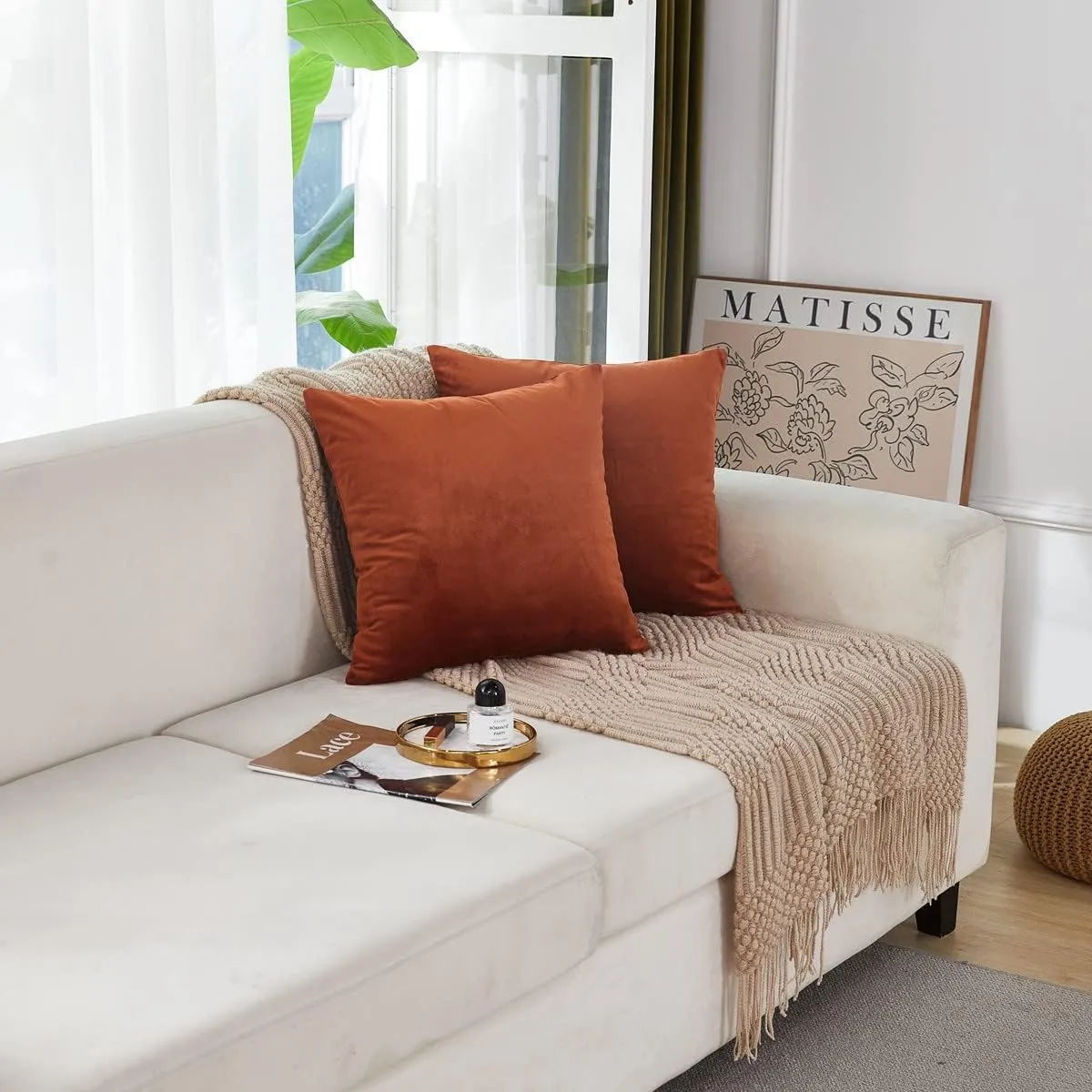 Sunday Praise Set of 2 Soft Thick Velvet Decorative Throw Pillow Covers 20 x 20 Inches for Couch Sofa Bed Chair,Burnt Orange