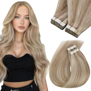Sunny Hair Tape in Hair Extensions Real Human Hair Invisible Remy Hair Extensions Tape ins for Women Ash Blonde Highlight Bleach Blonde with Pink Hue 20 inch 20Pcs 50G