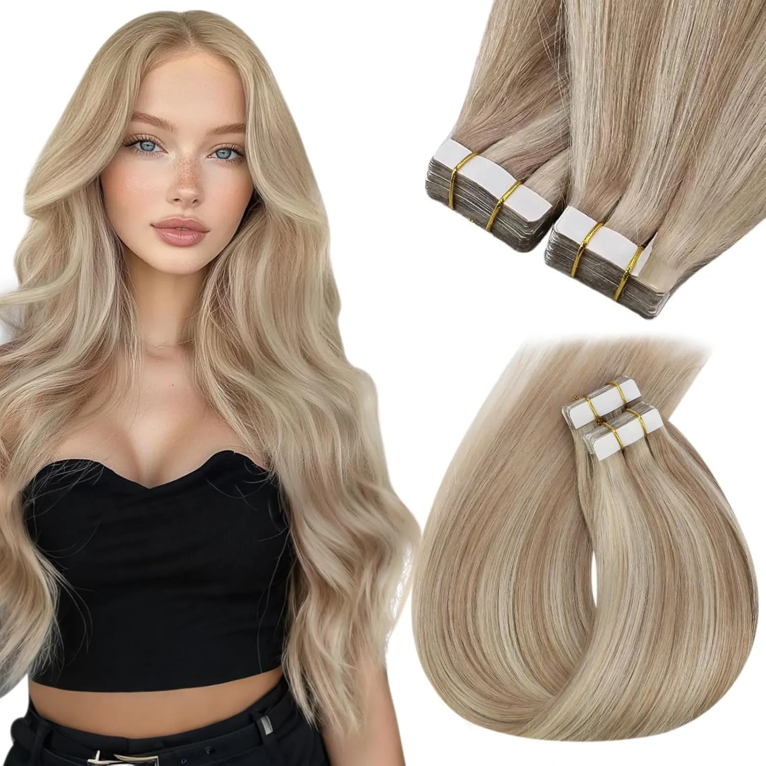 Sunny Hair Tape in Hair Extensions Real Human Hair Invisible Remy Hair Extensions Tape ins for Women Ash Blonde Highlight Bleach Blonde with Pink Hue 20 inch 20Pcs 50G