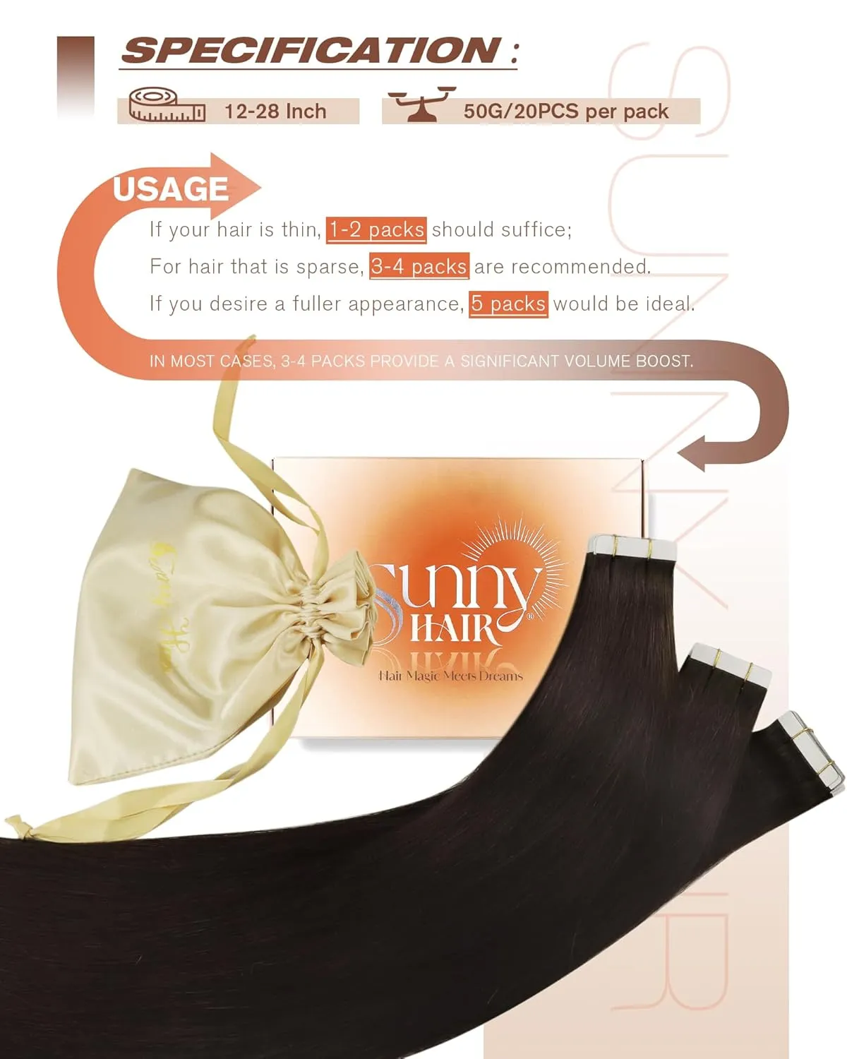 Sunny Hair Tape in Hair Extensions Real Human Hair Invisible Remy Hair Extensions Tape ins for Women Darkest Brown 22 inch 20Pcs 50G