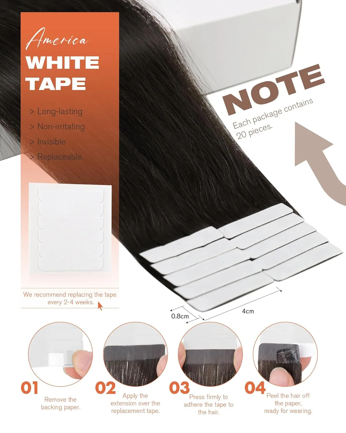 Sunny Hair Tape in Hair Extensions Real Human Hair Invisible Remy Hair Extensions Tape ins for Women Darkest Brown 22 inch 20Pcs 50G