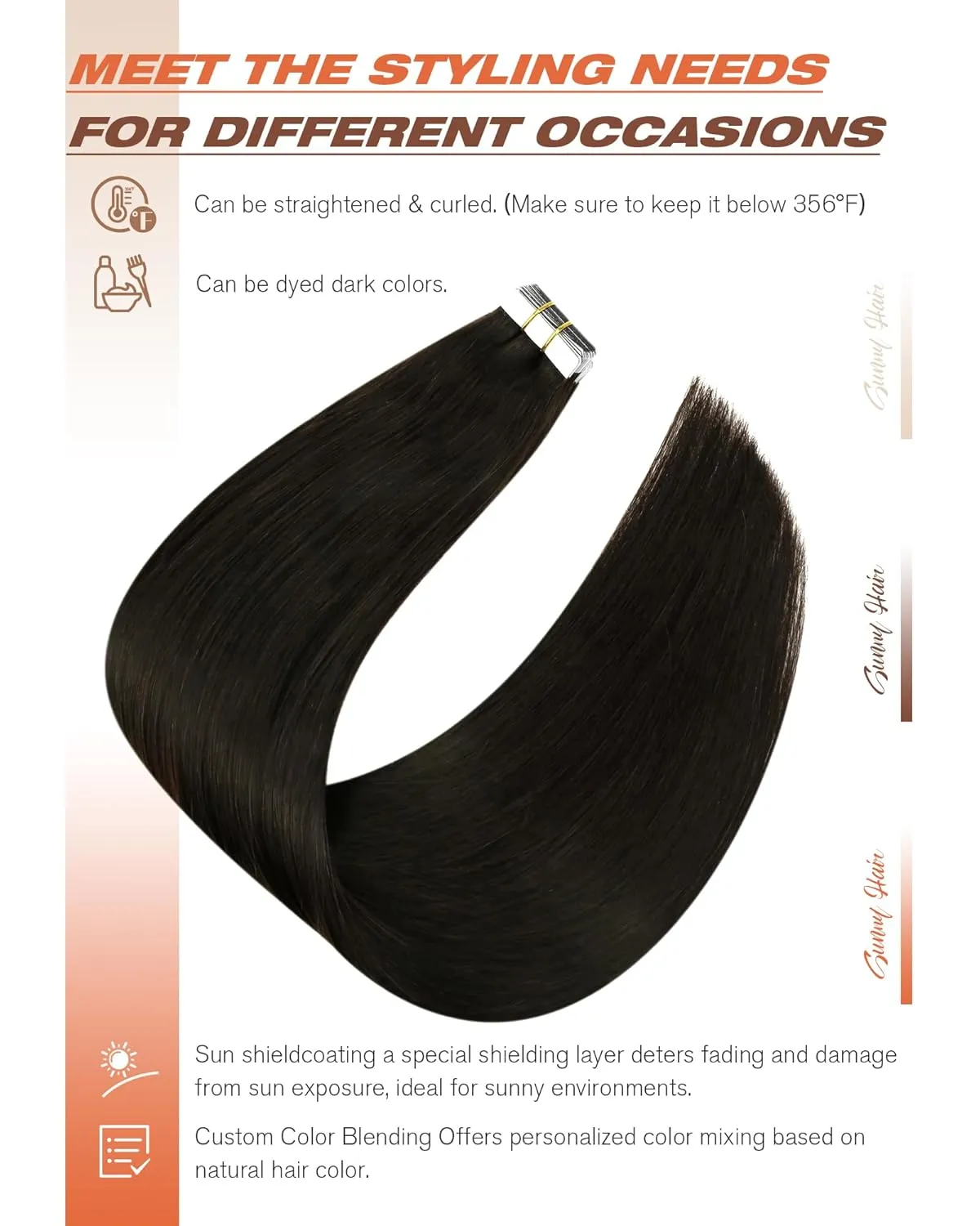 Sunny Hair Tape in Hair Extensions Real Human Hair Invisible Remy Hair Extensions Tape ins for Women Darkest Brown 22 inch 20Pcs 50G