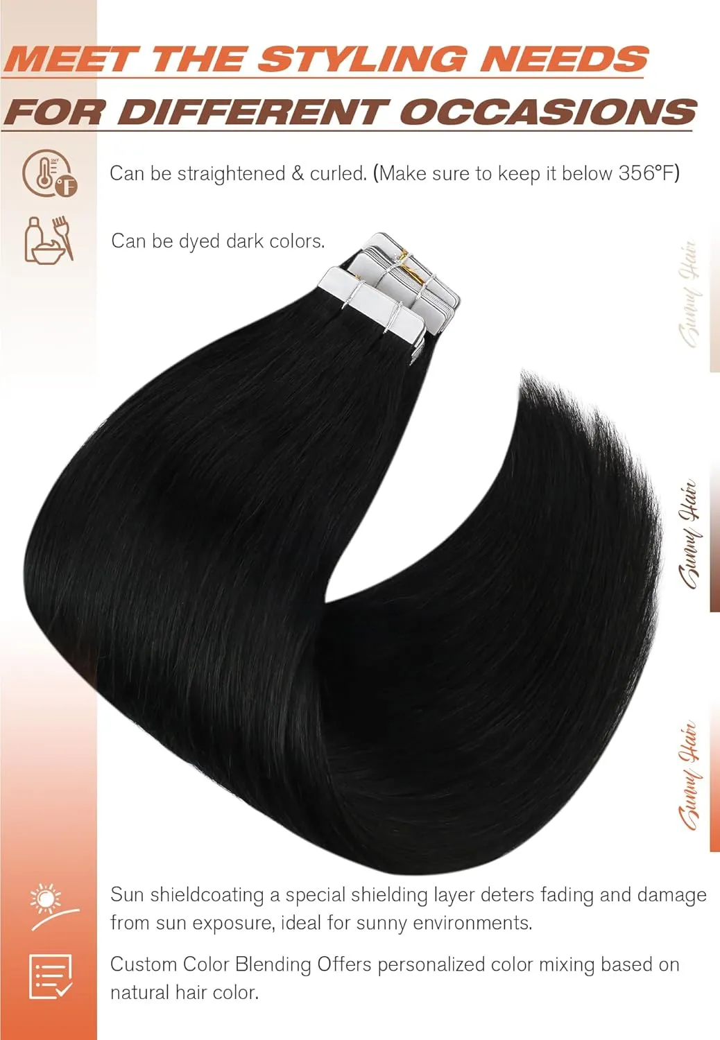 Sunny Hair Tape in Hair Extensions Real Human Hair Invisible Remy Hair Extensions Tape ins for Women Jet Black 22 inch 20Pcs 50G