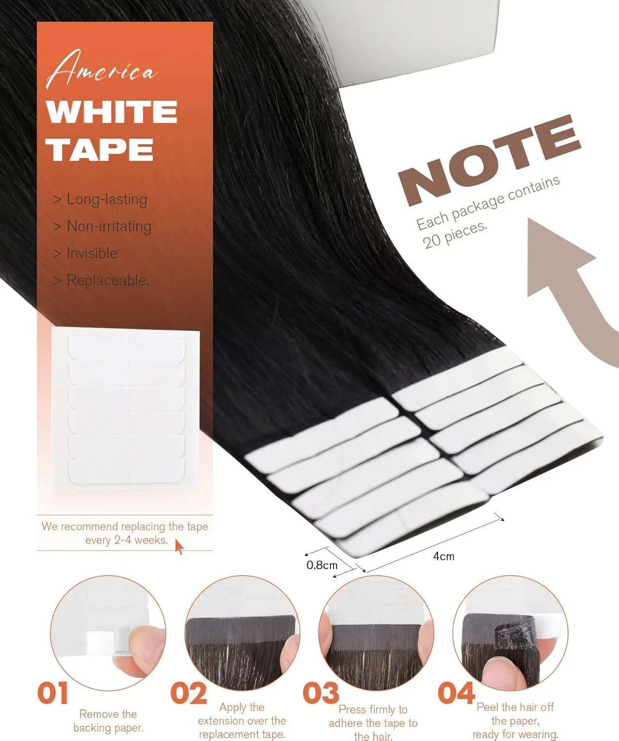 Sunny Hair Tape in Hair Extensions Real Human Hair Invisible Remy Hair Extensions Tape ins for Women Jet Black 22 inch 20Pcs 50G