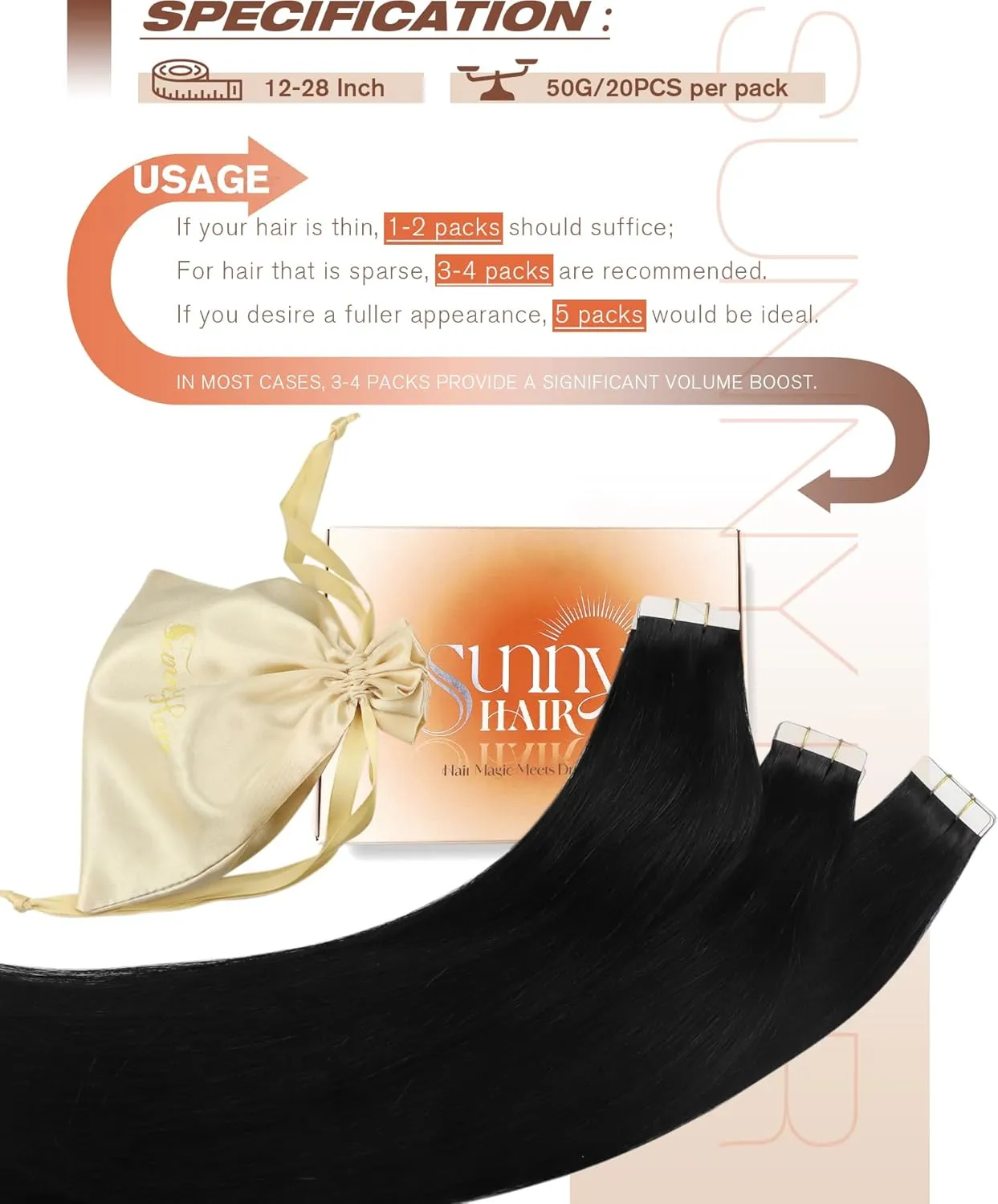 Sunny Hair Tape in Hair Extensions Real Human Hair Invisible Remy Hair Extensions Tape ins for Women Jet Black 22 inch 20Pcs 50G