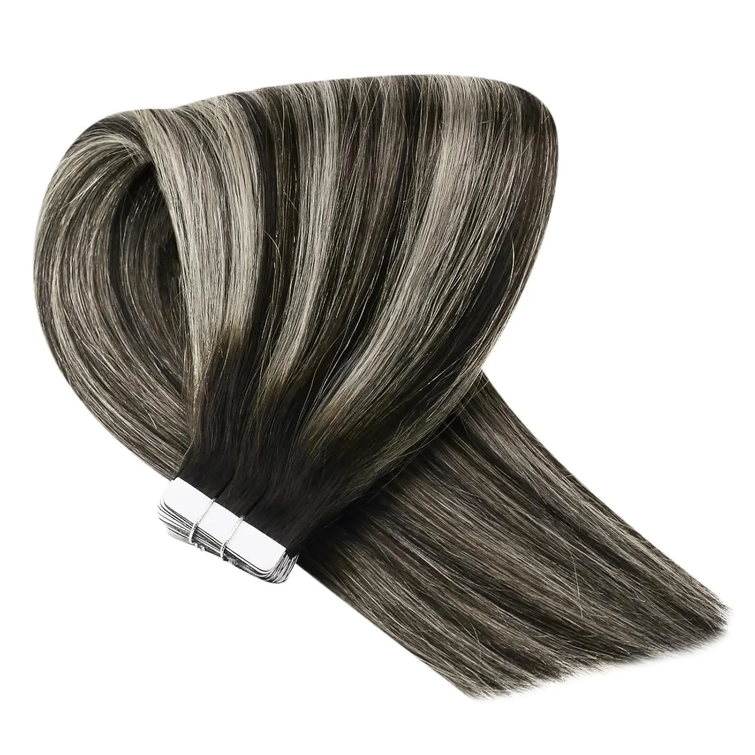 Sunny Hair Tape in Hair Extensions Real Human Hair Invisible Remy Hair Extensions Tape ins for Women Natural Black Roots to Silver Grey Balayage 22 inch 20Pcs 50G