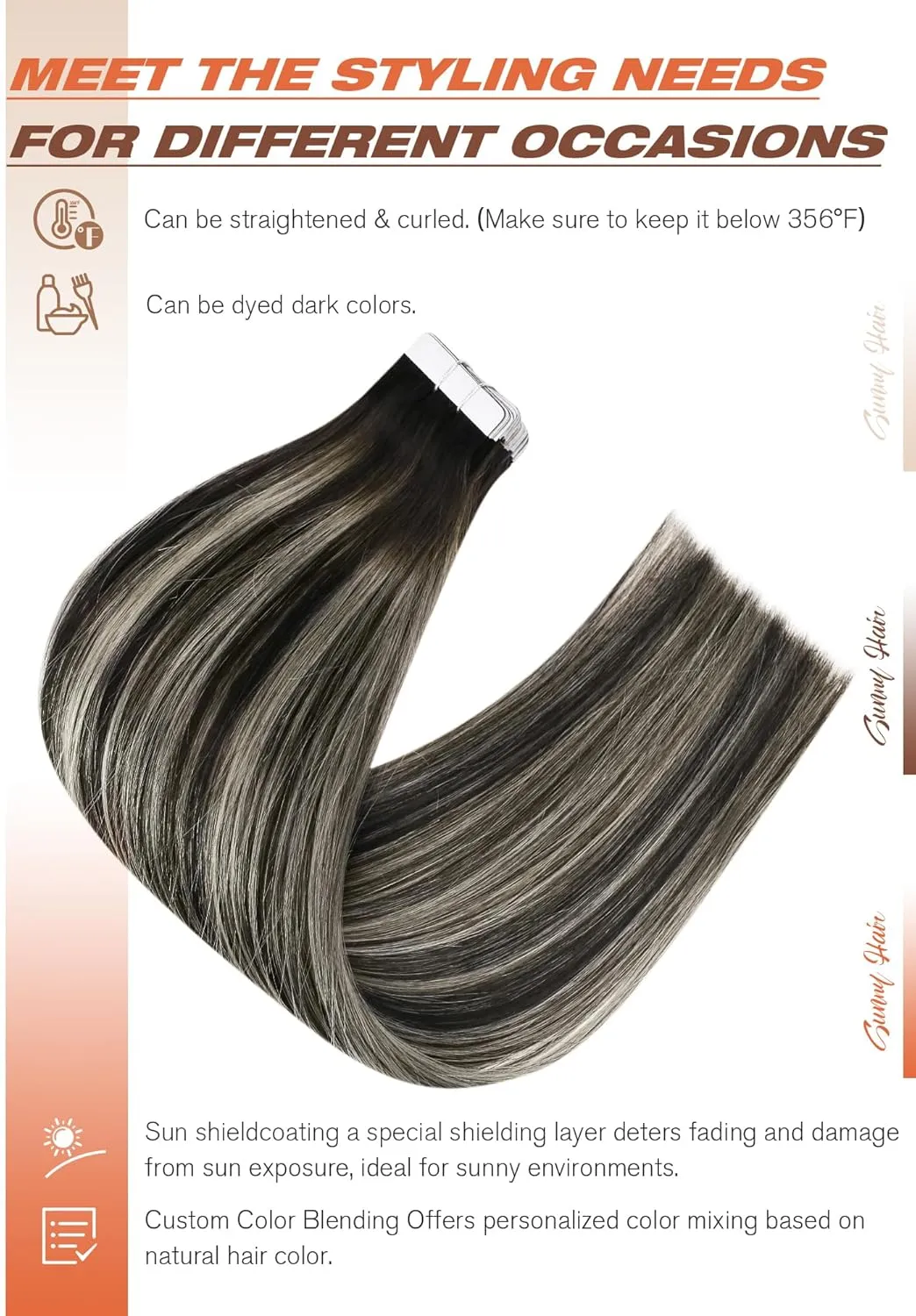 Sunny Hair Tape in Hair Extensions Real Human Hair Invisible Remy Hair Extensions Tape ins for Women Natural Black Roots to Silver Grey Balayage 22 inch 20Pcs 50G