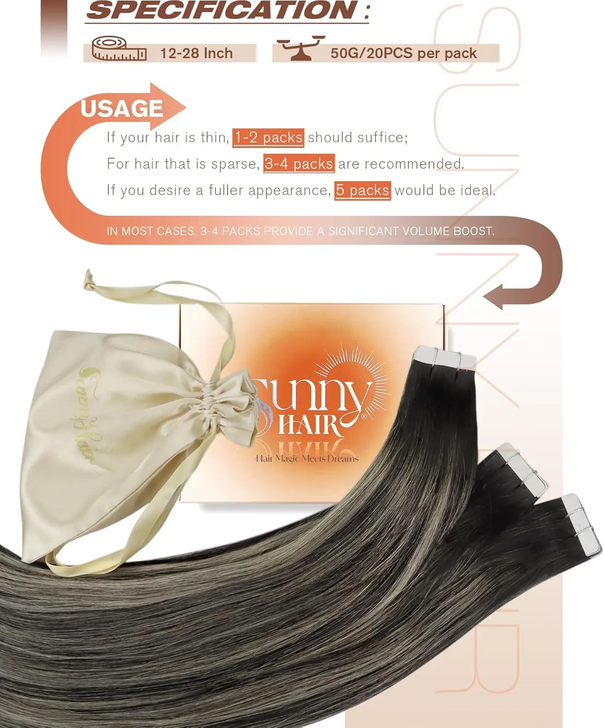 Sunny Hair Tape in Hair Extensions Real Human Hair Invisible Remy Hair Extensions Tape ins for Women Natural Black Roots to Silver Grey Balayage 22 inch 20Pcs 50G
