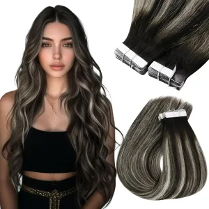 Sunny Hair Tape in Hair Extensions Real Human Hair Invisible Remy Hair Extensions Tape ins for Women Natural Black Roots to Silver Grey Balayage 22 inch 20Pcs 50G