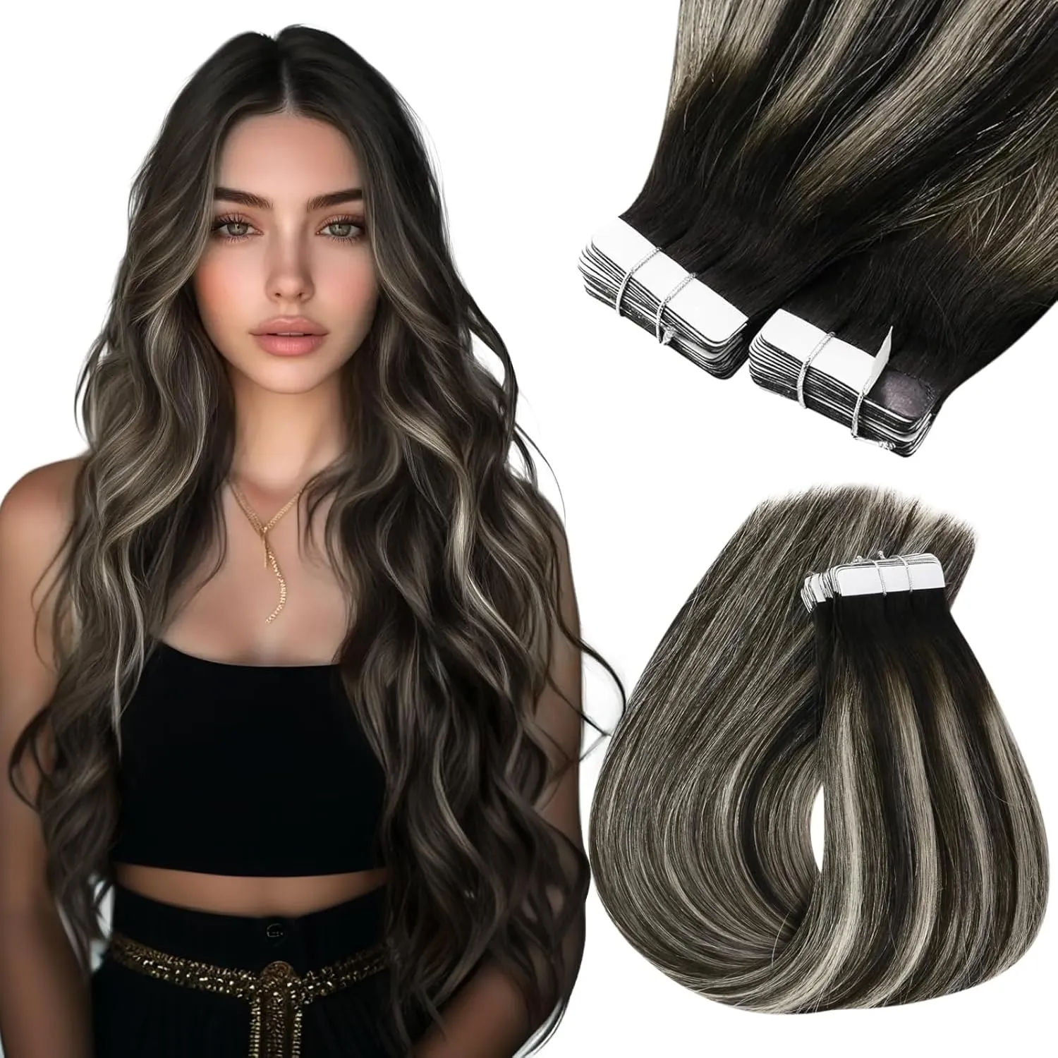 Sunny Hair Tape in Hair Extensions Real Human Hair Invisible Remy Hair Extensions Tape ins for Women Natural Black Roots to Silver Grey Balayage 22 inch 20Pcs 50G
