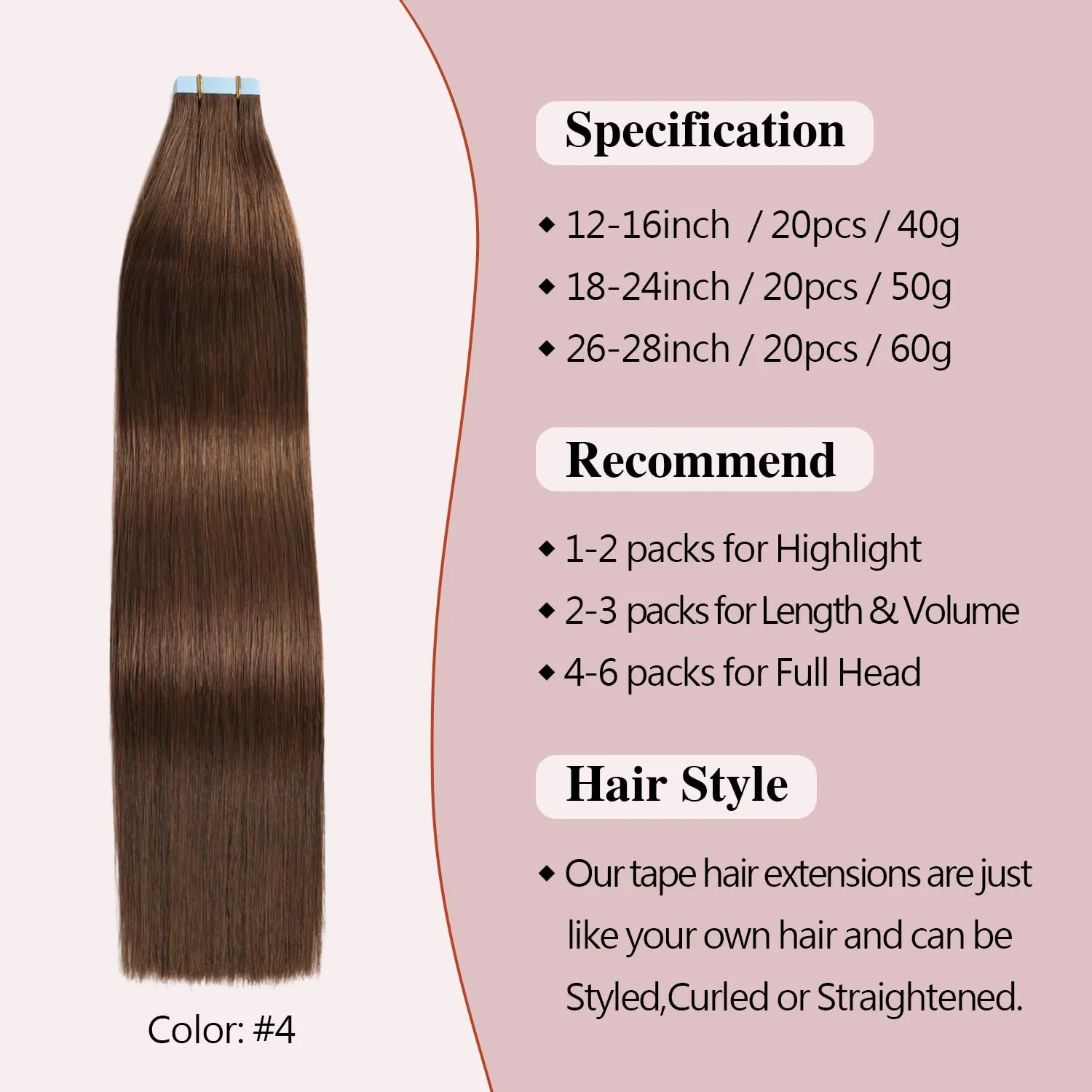 Sunya Tape in Hair Extensions - Human Hair Chocolate Brown 12 Inch Straight Real Human Hair Seamless Skin Weft Brown #4 40 Gram 20Pcs/Pack