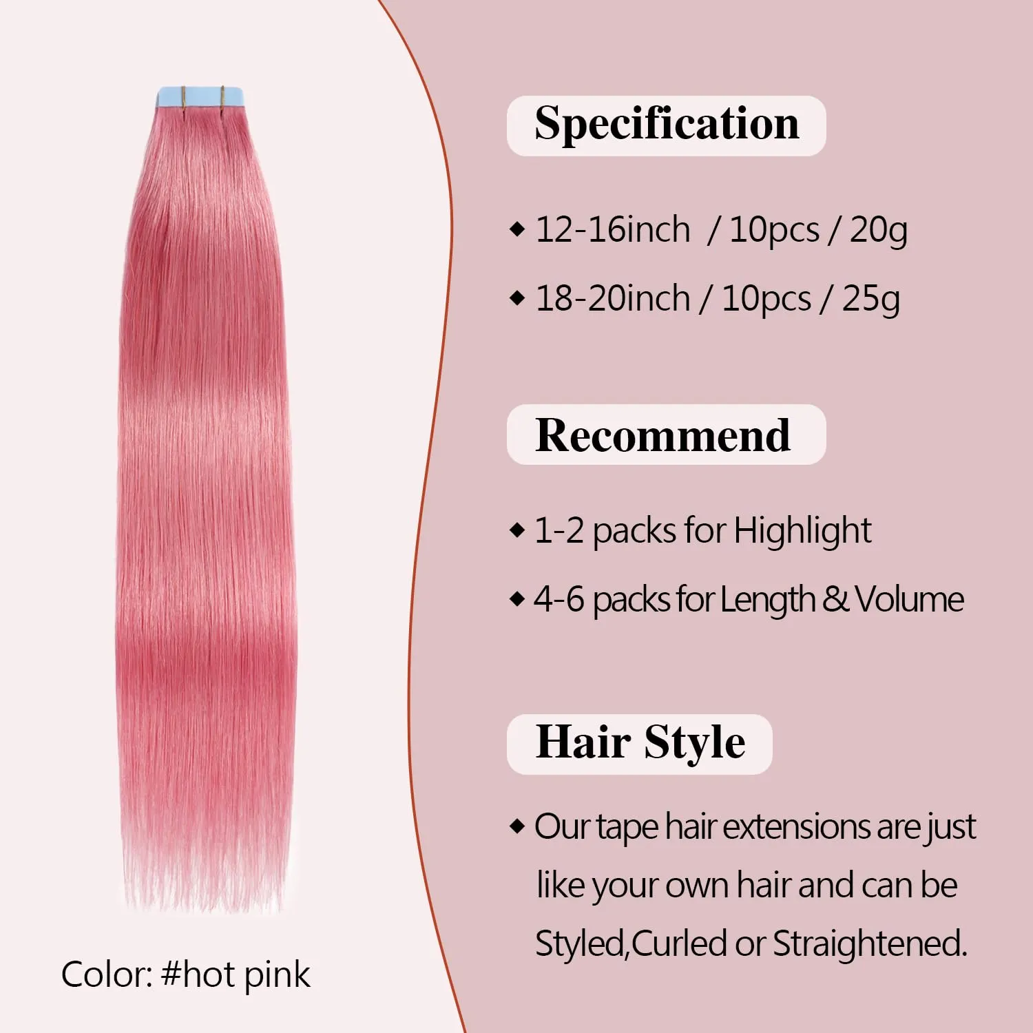 Sunya Tape in Hair Extensions Human Hair Hot Pink Tape in Hair Extensions Straight 20 Inch 10PCS/Pack 25g