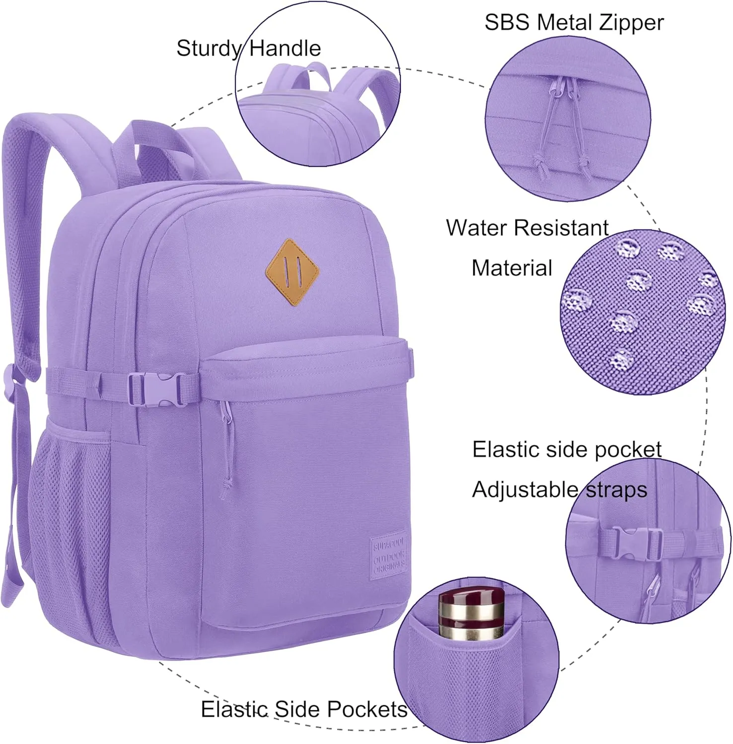 SUPACOOL Casual Backpack For School, Classical Travel Backpack for Men and Women, Bookbag for Boys, Girls and Kids, Laptop Compartment(Purple)