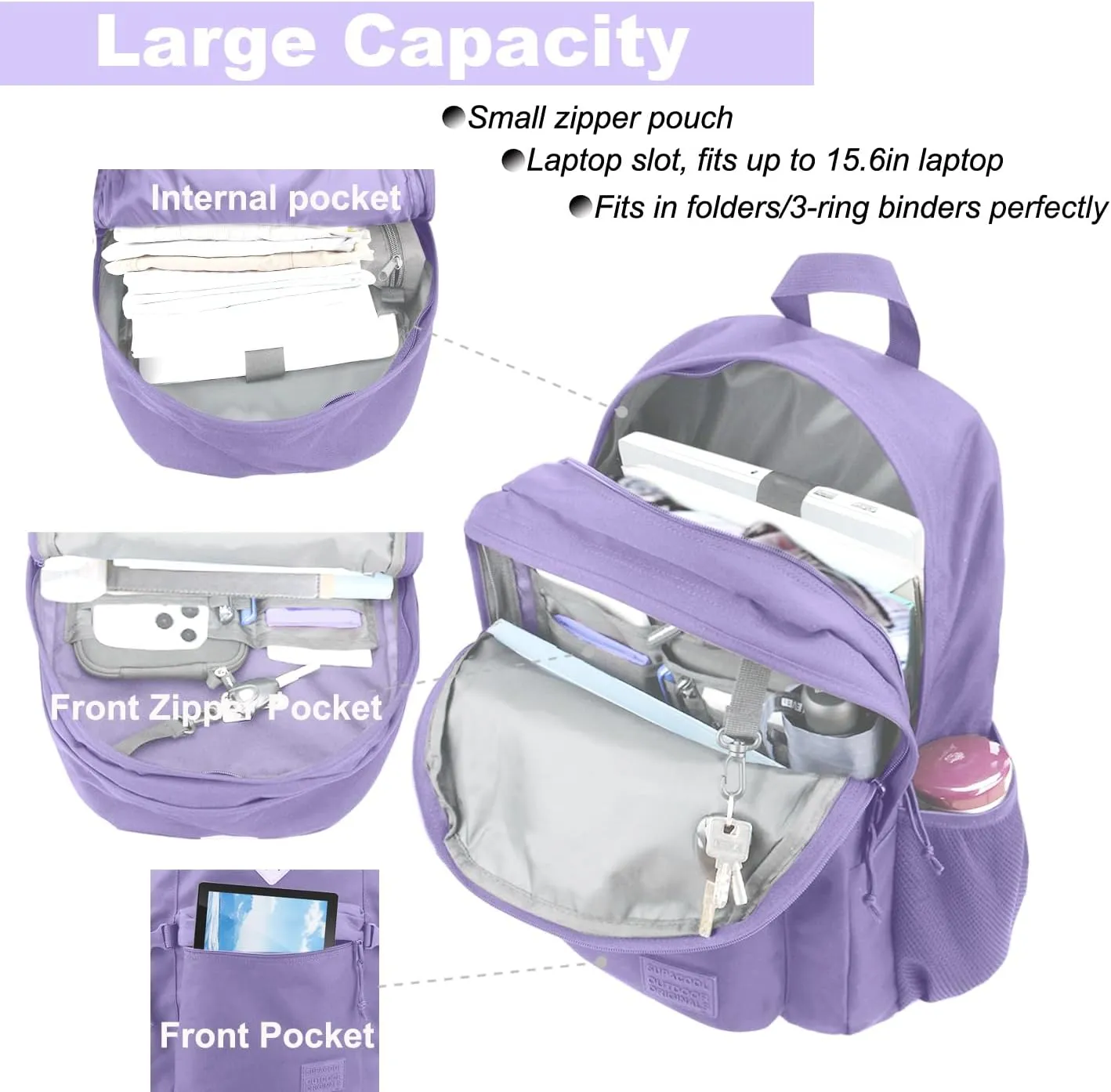 SUPACOOL Casual Backpack For School, Classical Travel Backpack for Men and Women, Bookbag for Boys, Girls and Kids, Laptop Compartment(Purple)