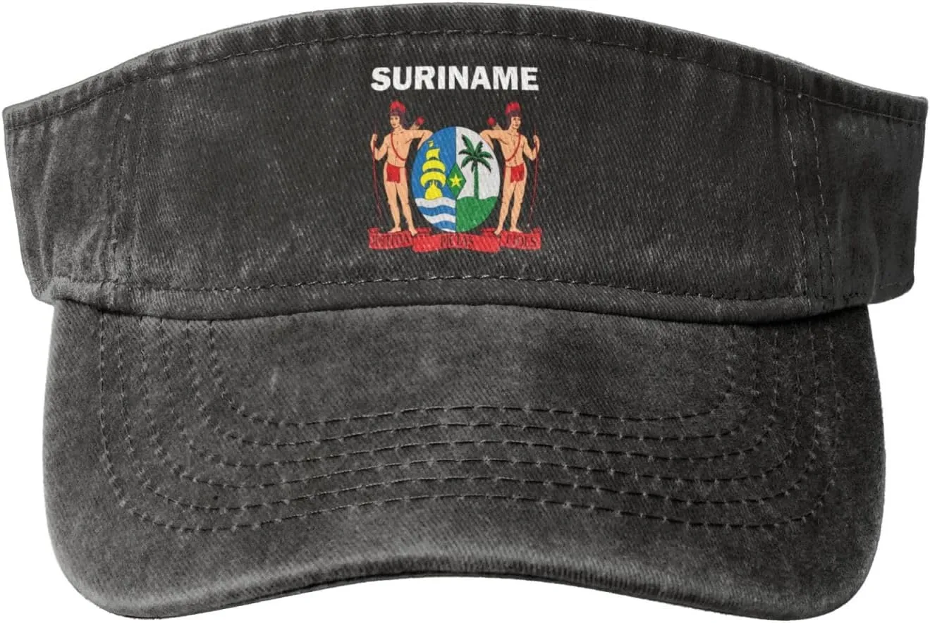 Suriname Coat of Arms Flag Washed Denim Visor Hat for Men & Women, Adjustable Sun Cap with UV Protection