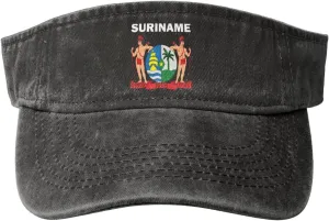 Suriname Coat of Arms Flag Washed Denim Visor Hat for Men & Women, Adjustable Sun Cap with UV Protection