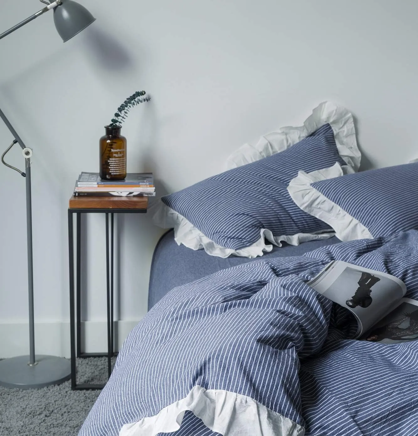SUSYBAO Blue White Striped Duvet Cover Queen 100% Washed Cotton Denim Blue Ruffle 3 Pieces Set 1 Cute White Lace Duvet Cover with Zipper Ties 2 Pillow Shams Denim Ruffled Bedding Set